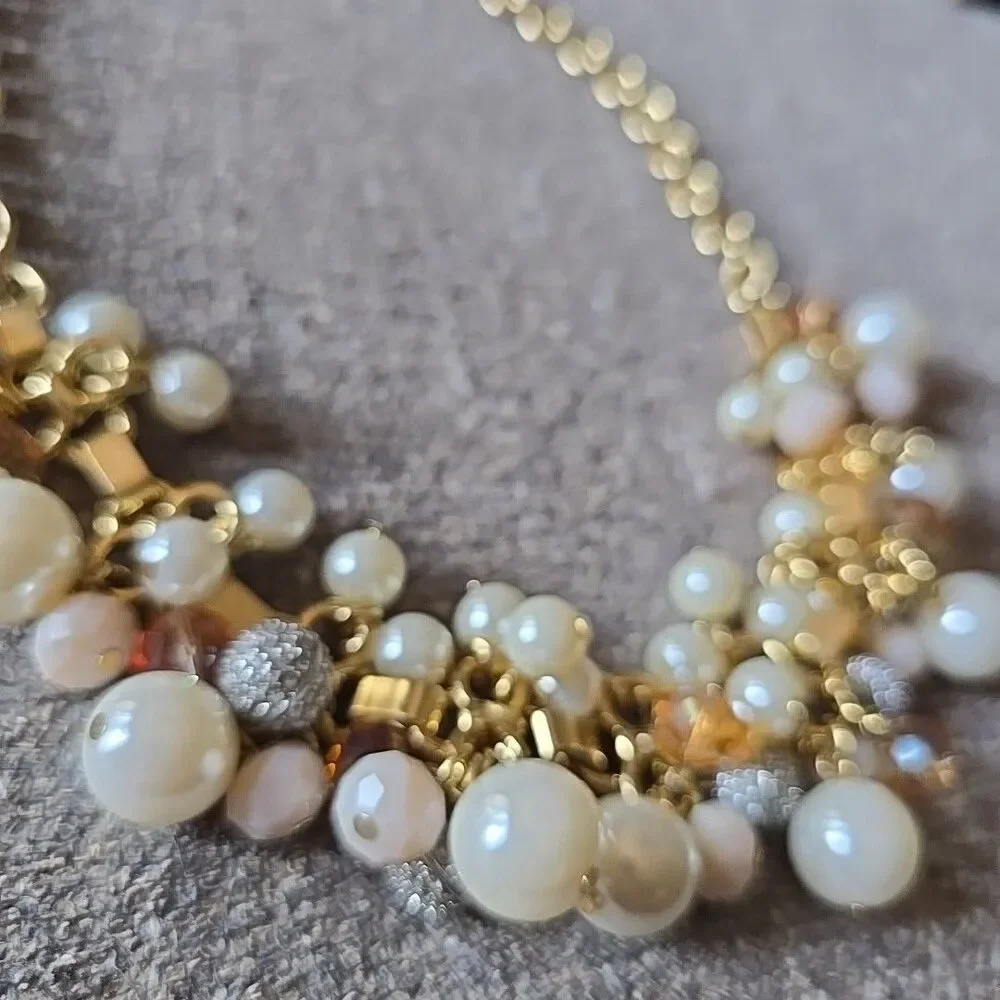 Vtg Signed Talbots Faux Pearl Crystal & Rhinestone Pink Cluster Necklace 22